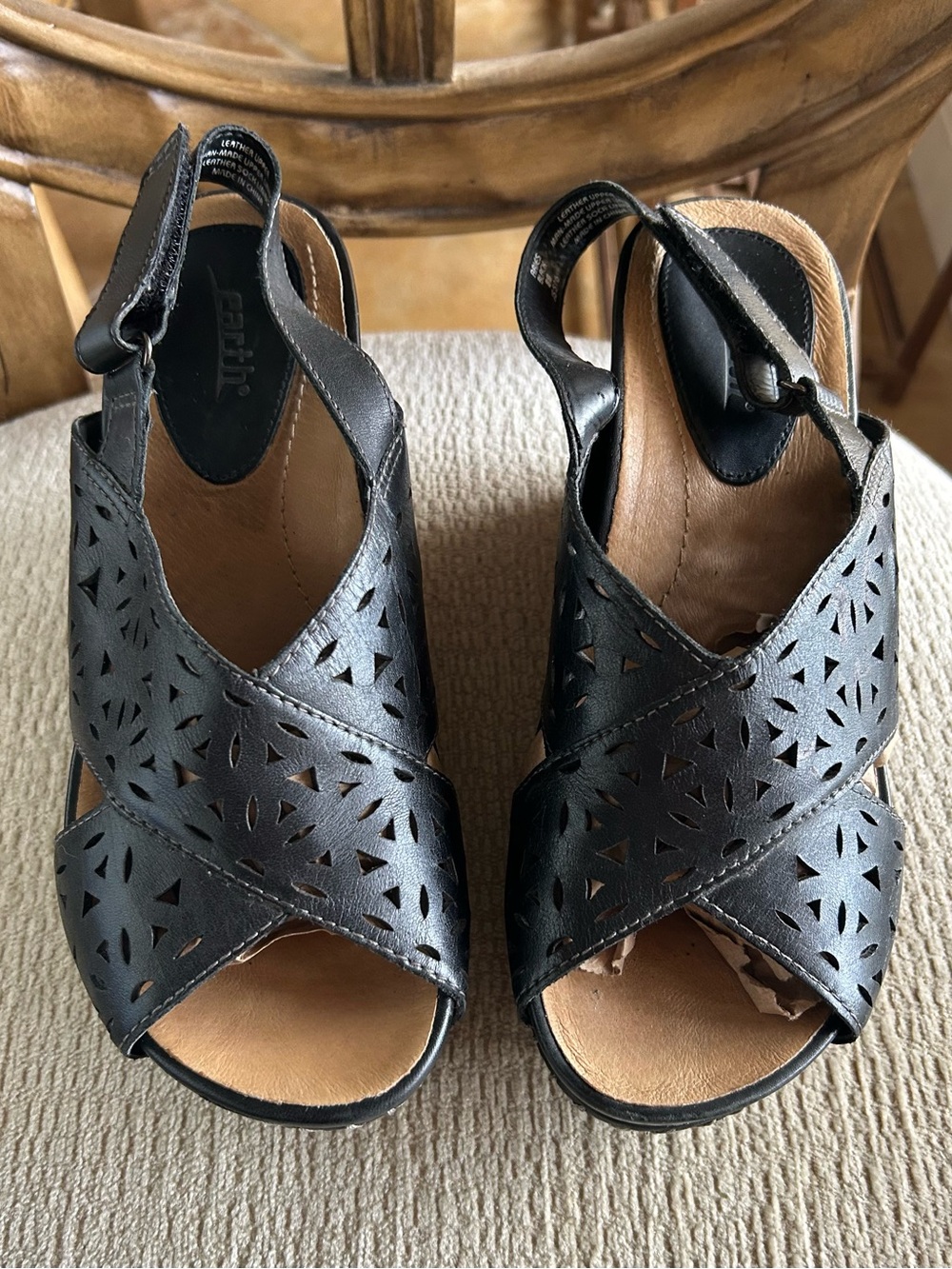 Earth Aries Black Laser-Cut Leather Slingback Sandals